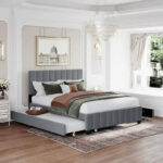 Queen Size Velvet Platform Bed with 1 Twin XL Trundle Upholstered Bed Frame and 2 Drawers Storage Bed No Box Spring Needed - Image 2