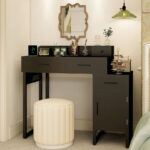 Reversible Makeup Vanity Desk With Charging Station and 4 Wooden Drawers and 1 Cabinet - N/A - Image 33