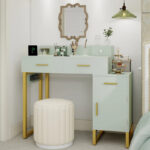 Reversible Makeup Vanity Desk With Charging Station and 4 Wooden Drawers and 1 Cabinet - N/A - Image 35