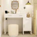 Reversible Makeup Vanity Desk With Charging Station and 4 Wooden Drawers and 1 Cabinet - N/A - Image 2