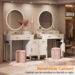 Reversible Makeup Vanity Desk With Charging Station and 4 Wooden Drawers and 1 Cabinet - N/A - Image 5