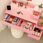 Reversible Makeup Vanity Desk With Charging Station and 4 Wooden Drawers and 1 Cabinet - N/A - Image 11