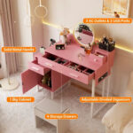 Reversible Makeup Vanity Desk With Charging Station and 4 Wooden Drawers and 1 Cabinet - N/A - Image 14