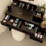 Reversible Makeup Vanity Desk With Charging Station and 4 Wooden Drawers and 1 Cabinet - N/A - Image 19