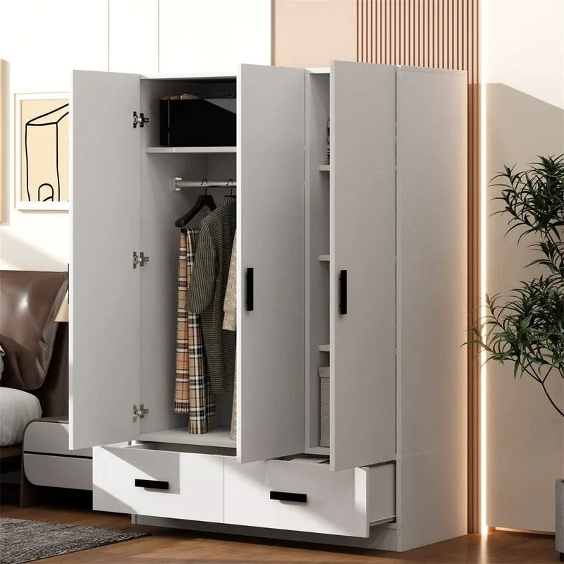 10724503847071_558458 3-Door Bedroom Wardrobe Closet with Hanging Rod and 2 Storage Drawers, Solid Wood Armoire Clothes Organizer with Storage Shelves - Image 1