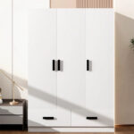 3-Door Bedroom Wardrobe Closet with Hanging Rod and 2 Storage Drawers, Solid Wood Armoire Clothes Organizer with Storage Shelves - Image 3