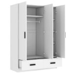 3-Door Bedroom Wardrobe Closet with Hanging Rod and 2 Storage Drawers, Solid Wood Armoire Clothes Organizer with Storage Shelves - Image 5