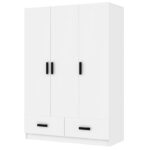 3-Door Bedroom Wardrobe Closet with Hanging Rod and 2 Storage Drawers, Solid Wood Armoire Clothes Organizer with Storage Shelves - Image 6