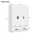 3-Door Bedroom Wardrobe Closet with Hanging Rod and 2 Storage Drawers, Solid Wood Armoire Clothes Organizer with Storage Shelves - Image 9