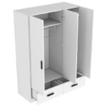 3-Door Bedroom Wardrobe Closet with Hanging Rod and 2 Storage Drawers, Solid Wood Armoire Clothes Organizer with Storage Shelves - Image 10