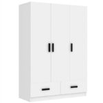 3-Door Bedroom Wardrobe Closet with Hanging Rod and 2 Storage Drawers, Solid Wood Armoire Clothes Organizer with Storage Shelves - Image 11