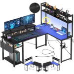 Farmhouse L-shaped Desk with Power Outlet, Gaming Table with Hutch and LED Light - Image 20