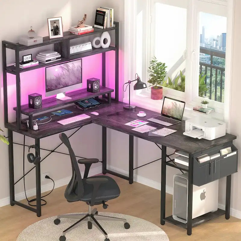 10728091910303_553958 Farmhouse L-shaped Desk with Power Outlet, Gaming Table with Hutch and LED Light - Image 1