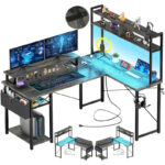 Farmhouse L-shaped Desk with Power Outlet, Gaming Table with Hutch and LED Light - Image 5