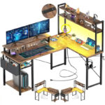 Farmhouse L-shaped Desk with Power Outlet, Gaming Table with Hutch and LED Light - Image 9