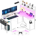 Farmhouse L-shaped Desk with Power Outlet, Gaming Table with Hutch and LED Light - Image 12