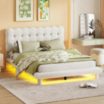 Velvet Upholstered Platform Bed Frame with LED Light & Biscuit Headboard - Image 41
