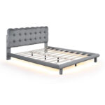 Velvet Upholstered Platform Bed Frame with LED Light & Biscuit Headboard - Image 3