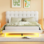 Velvet Upholstered Platform Bed Frame with LED Light & Biscuit Headboard - Image 18