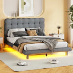 Velvet Upholstered Platform Bed Frame with LED Light & Biscuit Headboard - Image 31