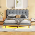 Velvet Upholstered Platform Bed Frame with LED Light & Biscuit Headboard - Image 32