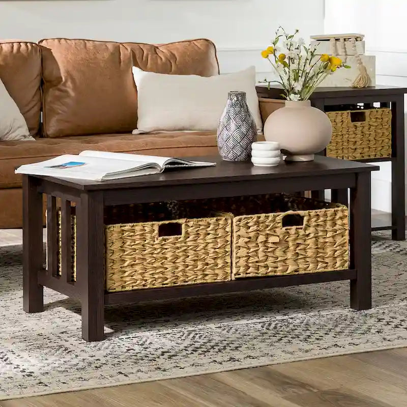 9229210517663_557350 40-Inch Mission Style Coffee Table with Wicker Storage Baskets - Image 1