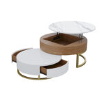 Round Coffee Table White with Storage Lift-Top Wood Coffee Table Lifts up with Rotatable Drawers White Natural - Image 4