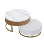 Round Coffee Table White with Storage Lift-Top Wood Coffee Table Lifts up with Rotatable Drawers White Natural - Image 7