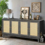 Modern Accent Storage Cabinet Sideboard Wooden Cabinet Console Table with 4 Doors and Adjustable Shelves - Image 9