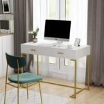 40 Inches Computer Desk White and Gold Desk with 2 Drawers - Image 15