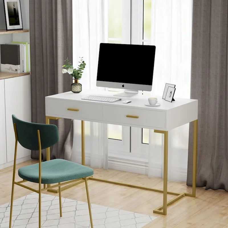 9284846387359_554494 40 Inches Computer Desk White and Gold Desk with 2 Drawers - Image 1
