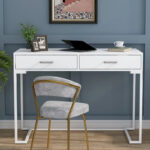 40 Inches Computer Desk White and Gold Desk with 2 Drawers - Image 2
