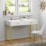 40 Inches Computer Desk White and Gold Desk with 2 Drawers - Image 8