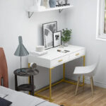 40 Inches Computer Desk White and Gold Desk with 2 Drawers - Image 9