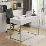 40 Inches Computer Desk White and Gold Desk with 2 Drawers - Image 12