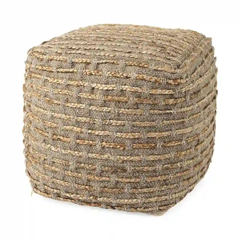 9321696886943_558066 Binita Grey / Brown Hemp Wool & Cotton Square Pouf - Image 1