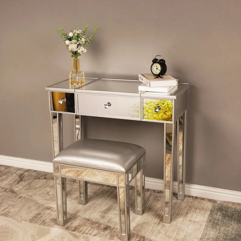 9322403463327_558851 Mirrored Surface 1 Drawer Flip-up Desktop Writing Desk Vanity Desk Silver - Image 1