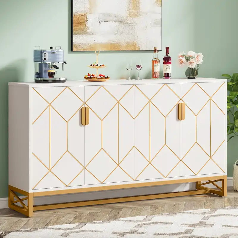 9323097096351_553891 White Gold Buffet Cabinet with Storage Kitchen Sideboard Storage - Image 1