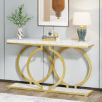 Gold Console Table, 55 inch Faux Marble Entryway Table Narrow Long Sofa Table - Image 16