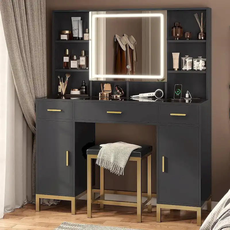 9323560108191_555921 Makeup Vanity Set with Lights in 3 Colors Glass Desktop - Image 1