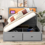 Wood Queen Size Hydraulic Platform Bed with Storage LED Headboard - Image 37