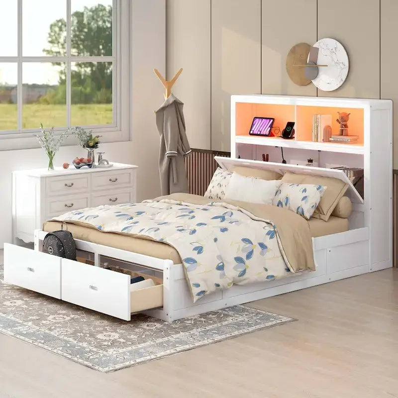 9377046691999_559124 Wood Queen Size Hydraulic Platform Bed with Storage LED Headboard - Image 1