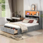 Wood Queen Size Hydraulic Platform Bed with Storage LED Headboard - Image 2
