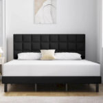Bed Frame with Upholstered Headboard, Gray Metal Frame Wooden Slats Support. - Image 4