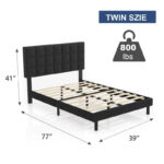 Bed Frame with Upholstered Headboard, Gray Metal Frame Wooden Slats Support. - Image 6