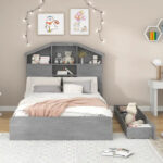 Wood Platform Bed with House-shaped Storage Headboard and 2 Drawer - Image 41