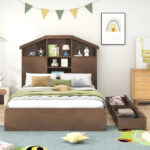 Wood Platform Bed with House-shaped Storage Headboard and 2 Drawer - Image 42