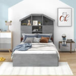 Wood Platform Bed with House-shaped Storage Headboard and 2 Drawer - Image 40