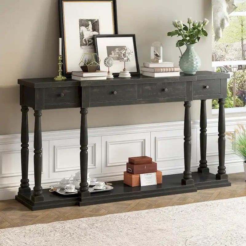 9414542098591_557948 Retro Senior Console Table for Hallway Living Room Bedroom with 4 Front Facing Storage Drawers and 1 Shelf - Image 1