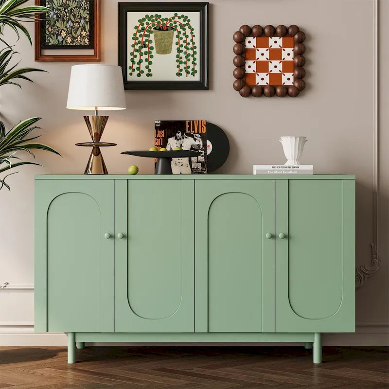 9437597499551_555844 Stylish and Functional 4-Door Intaglio Storage Cabinet with Pine Legs, Solid Wood Pulls and MDF, for Living Room - Image 1